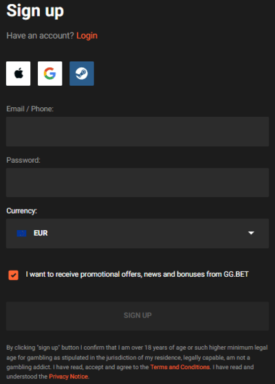 Registrierung auf der GGBET Website