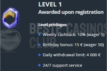 Jet Casino VIP-Club: level 1