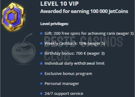 Jet Casino VIP-Club: level 10